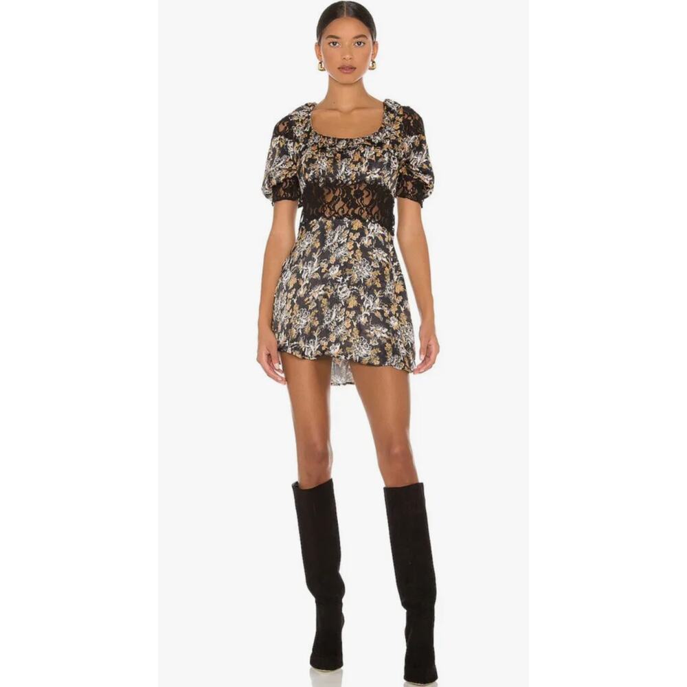 Free People Black Floral Puff-Sleeve Mini Dress